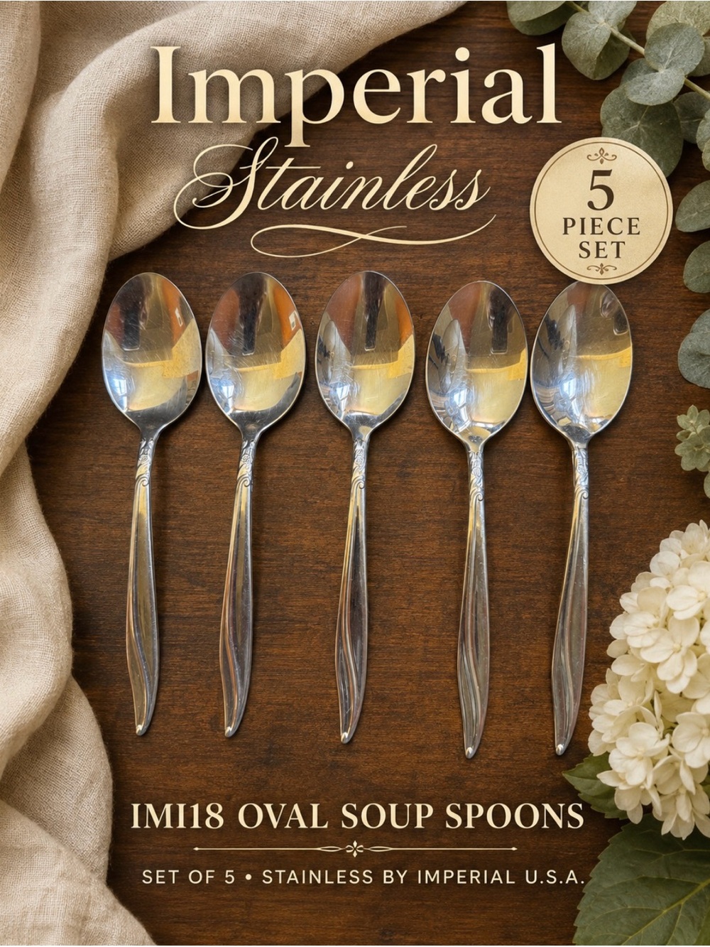 Vintage Imperial USA IMI18 Oval Soup Spoons Set of 5 1960s